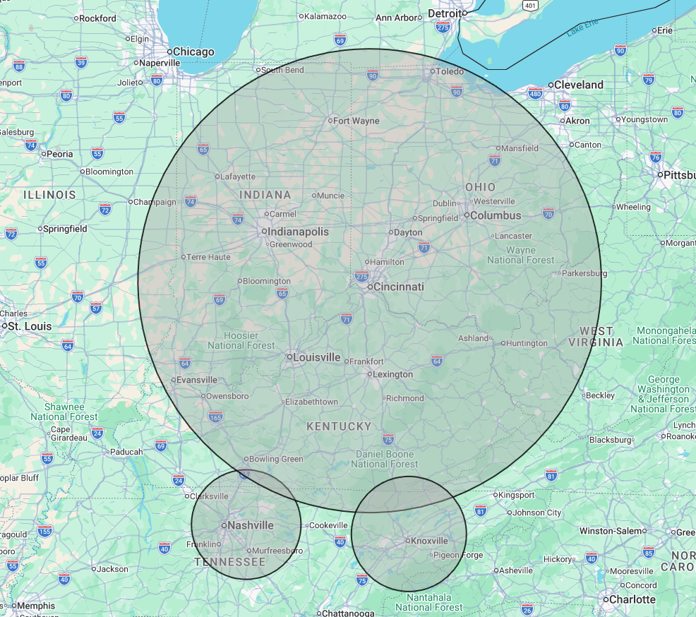 Platinum Detailing Group service area map centered on Cincinnati